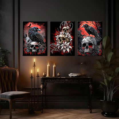 3 Piece Gothic Halloween Canvas Wall Art – Framed Dark Crow Floral Skull Prints, Spooky Romantic Aesthetic Gothic Pictures for Living Room, Bedroom, Bathroom Halloween Decor – 12x16in