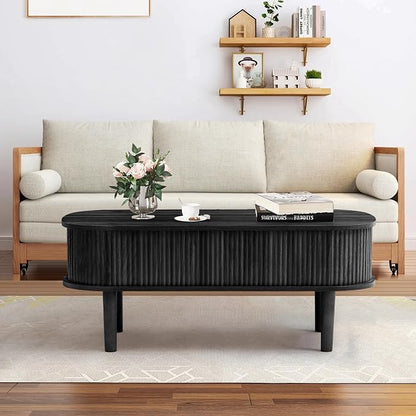Fully Assembled Fluted Lift Top Coffee Table with Hidden Compartment, Wooden Center Table, Modern Oval Lift Tabletop for Home Living Room Office, Black