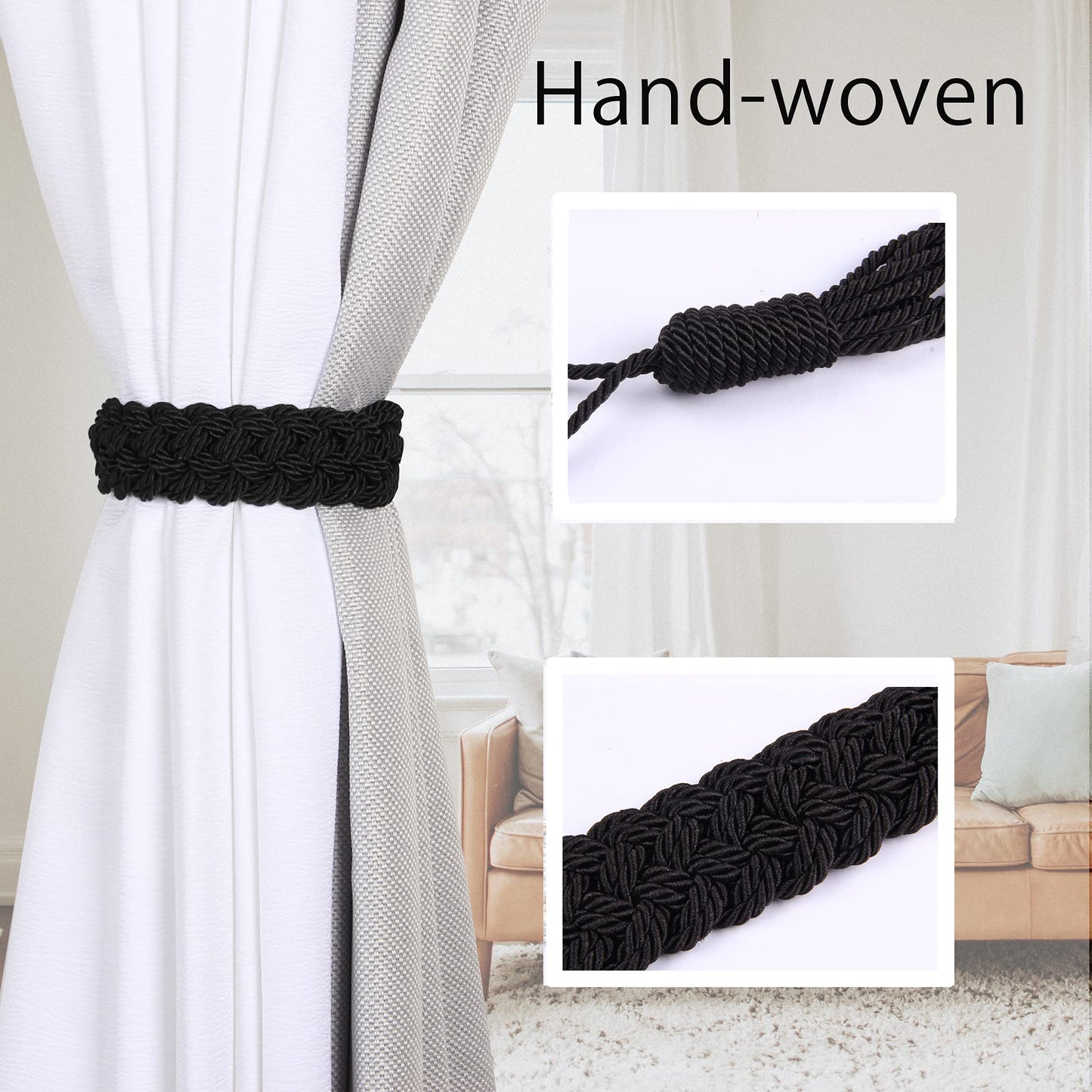 BEL AVENIR Curtain Tiebacks Ropes Hand-Woven Weave Braid Ties Handmade Home Office Decorative Holdbacks with 2 Metal Screw Hooks (Black)