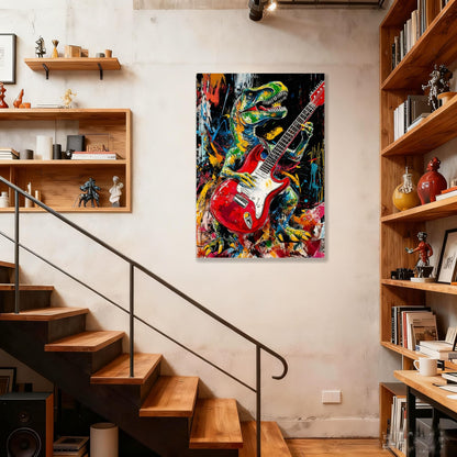 16x24 Graffiti Guitar T-Rex Wall Art Modern Rock Picture Framed Canvas Gallery Pop Prints Cartoon Home Office Decor DJ Dinosaur Urban Posters Funny Bedroom Living Room Kids Nursey Teen Boys Men
