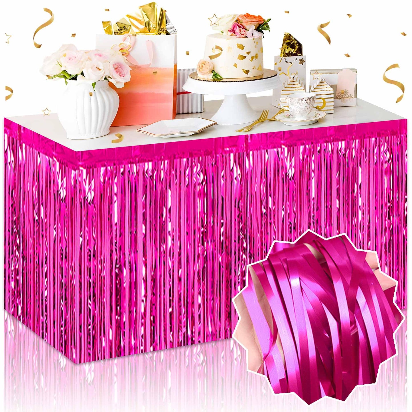 3 Pack Fuchsia Foil Fringe Table Skirts Metallic Tinsel Streamers Garland Banner Backdrop for Table Decor, Parade Float, Birthday, Wedding, Halloween, Christmas Party Decorations(29x108 In)