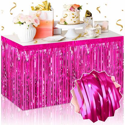 3 Pack Fuchsia Foil Fringe Table Skirts Metallic Tinsel Streamers Garland Banner Backdrop for Table Decor, Parade Float, Birthday, Wedding, Halloween, Christmas Party Decorations(29x108 In)