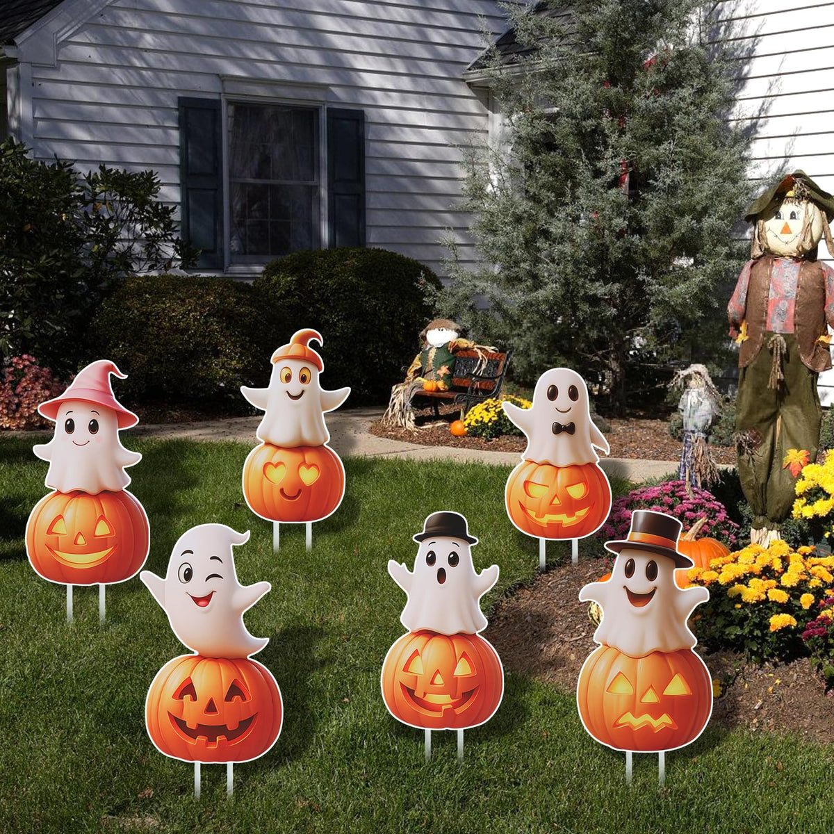 Outdoor Halloween Yard Signs, 6 PCS Cute Pumpkin Ghost Halloween Yard Stakes Kids Friendly for Lawn Garden Outside Home Decor