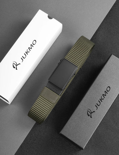 JUKMO Men's 1.5" Nylon Ratchet Belt, Casual Web Click Tactical Belt with Slide Buckle for Jeans, No Holes Adjustable Trim to Fit(Army Green,Small)