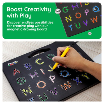 PicassoTiles 2in1 Magnetic Drawing Board Toy 12x10 In Large Magnet Bead Pad with Alphabet and Math Side in Black STEM Educational Writing Playboard Reusable Erasable Learning Tablet for Kids PTB02-BLK