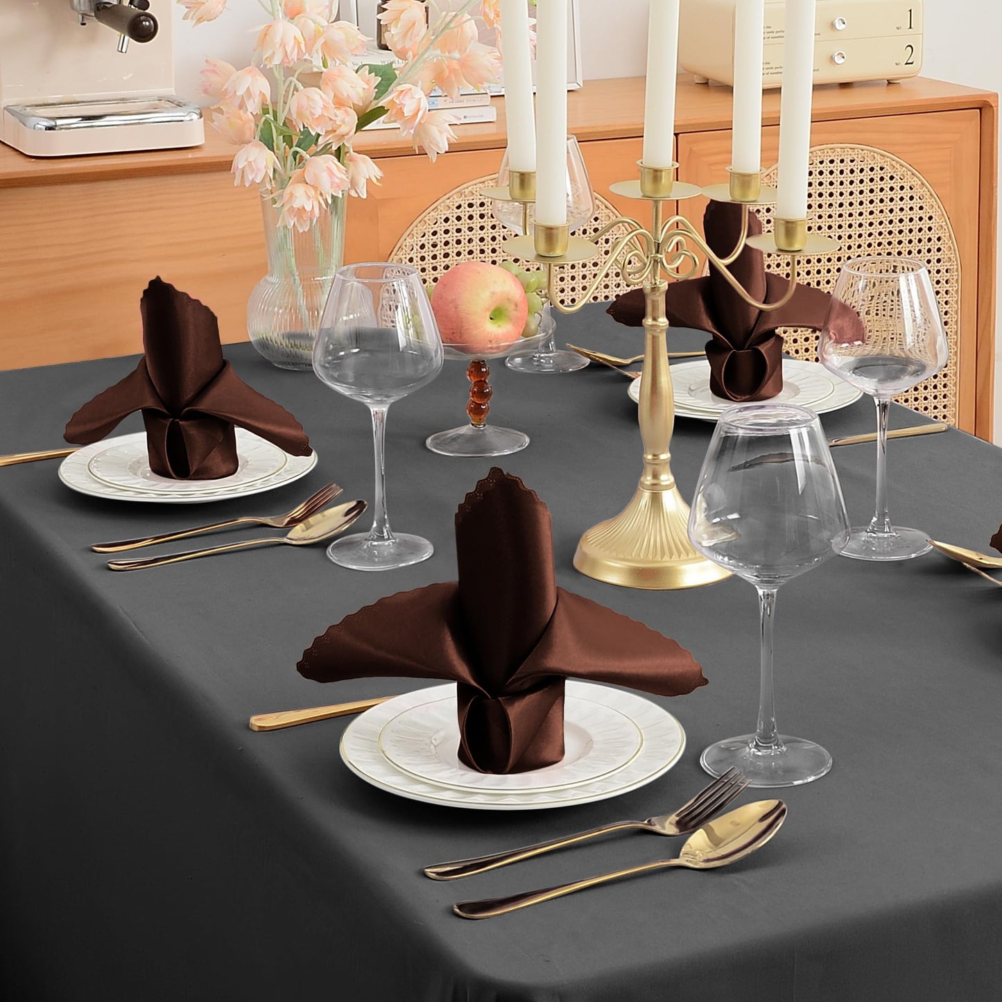 RUDONG M 72 Pack Chocolate Brown Satin Napkin, 17 x 17 Inch Square Cloth Napkins, Soft Fabric Napkin with Scalloped Edges, Reusable Washable Dinner Table Napkins for Wedding, Banquet, Party