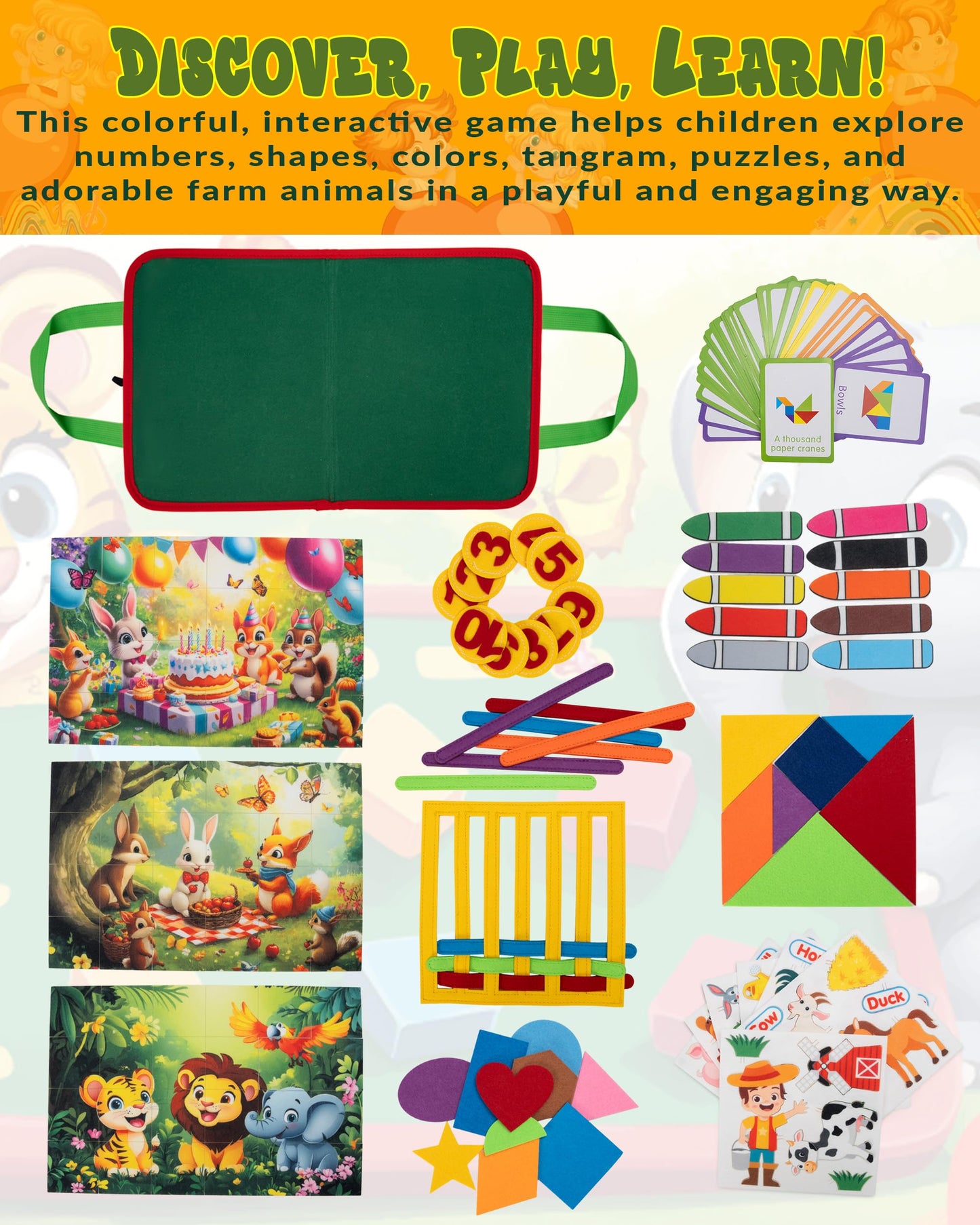 HappyVk Educational Felt Story Board Set – One Felt Board and 154 Pieces Storytelling Learning Kit for Toddlers and A Felt Activity Board Game with 10 Weaving Strips - Montessori Toys Activity Board