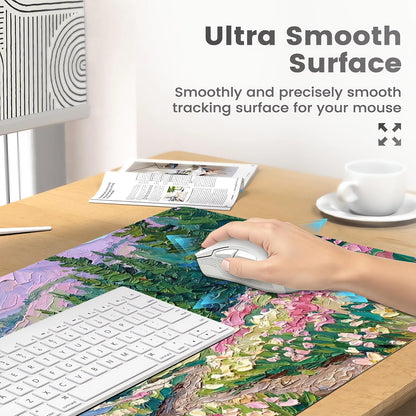 CozyNestCY Oil Painting of Flowers Office Desk Mat 27.6'‘ x 13.8’' Desktop Mat PU Leather Large Mouse Pad Green Mousepad Non-Slip Table Mat for Girls, Women, Home, Work, Computer, and Gaming