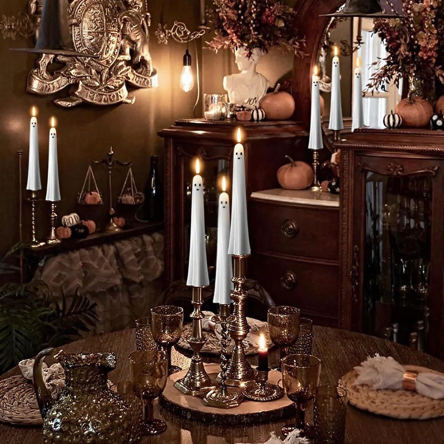 Eldnacele Ghost Halloween Flameless Taper Candles Battery Operated with Remote Timer Set of 2 White LED Flickering Candle Real Wax 3D Wick Long Lasting Spooky Dinner Indoor Decor(0.79" D x 9.5" H)