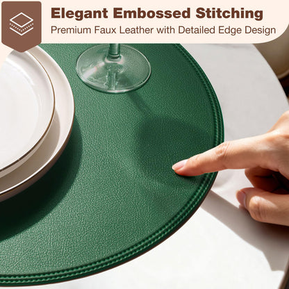 Rinpon Round Vinyl Green Placemats Set of 6, Faux Leather Waterproof Wipeable Heat Resistant Place Mats, Washable Table Mats for Halloween, Thanksgiving & Christmas Dinner(Green)