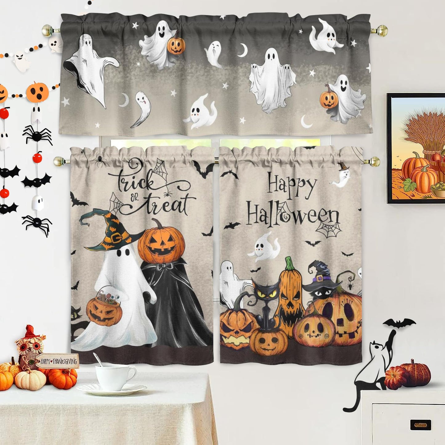 Miffrank Halloween Kitchen Curtains and Valance Set of 3, Ghost Pumpkin Kitchen Window Tier Curtains Farmhouse Window Valances Rod Pocket Panels for Halloween Home Decor