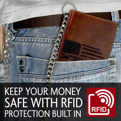 Father's Day Wallet - Tall Wallet w. Chain for Men, Patriotic Biker – Distressed Brown Leather, RFID Blocking, 10 Card Slots with ID Holder, Embossed Motorcycle & American Flag Design, 100% Leather.