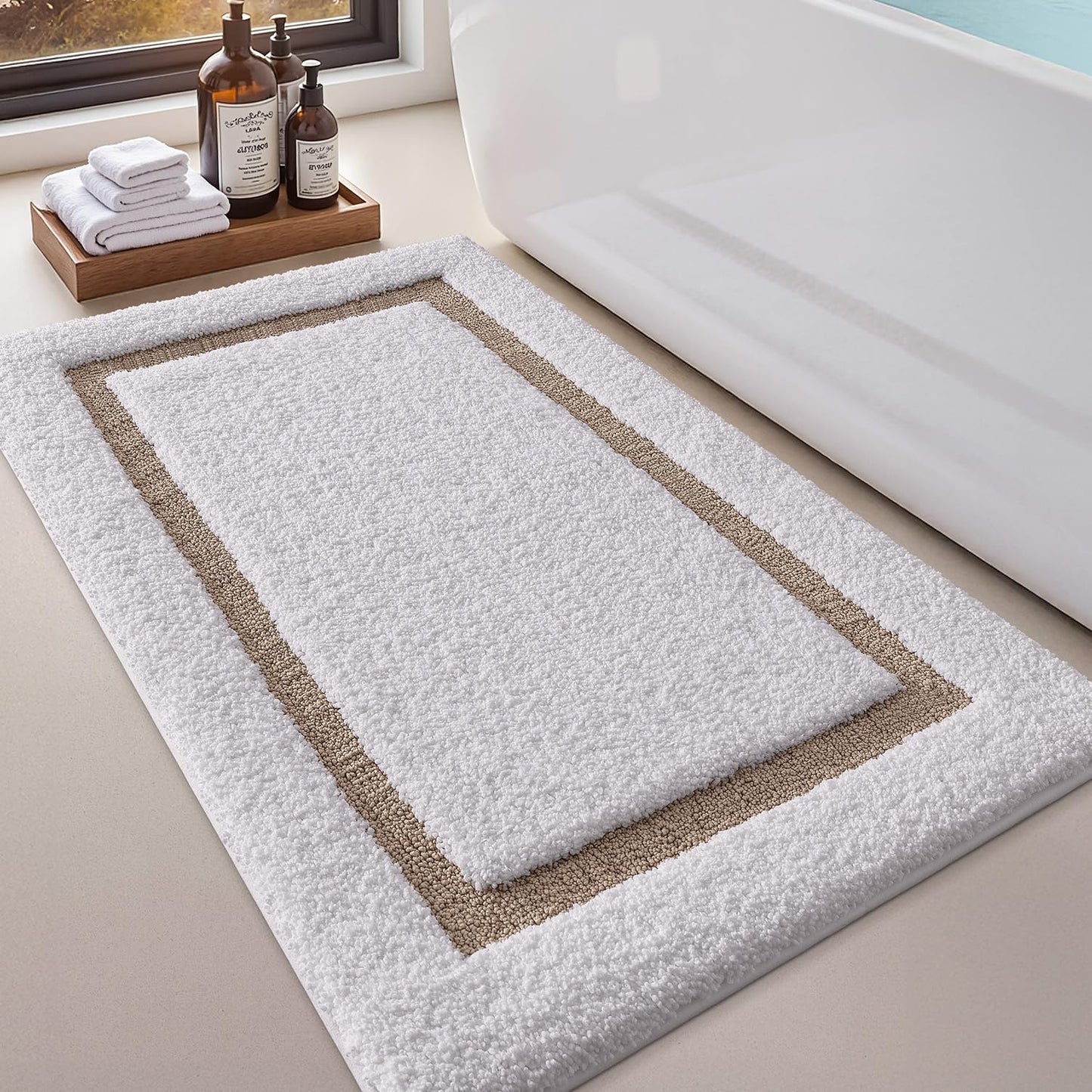 LUMI White Bathroom Rugs, Soft Absorbent Microfiber Bath Mat, Non Slip Washable Bath Rug, Quick Dry Plush Bath Mats for Bathroom for Shower, Bathtub, Floor, White and Beige, 24x36