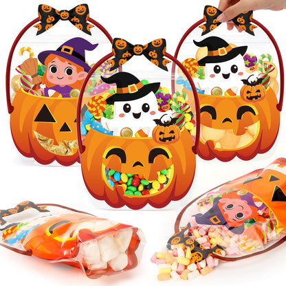 Fuutreo 50 Pcs Halloween Plastic Bags Clear Ghost Witch Pumpkin Sealed Gift Pouches with Handles Resealable Scary Holiday Favor Bags for Halloween Holiday Party Candy Gift Wrapping Supplies Decoration
