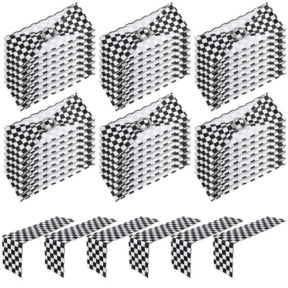Newwiee 54 Pcs Stretch Chair Sashes with Table Runners, Classic Black and White Chair Bows Sashes Fringe Table Runner for Party Wedding Reception Banquet Decorations (Black and White Checkerboard)