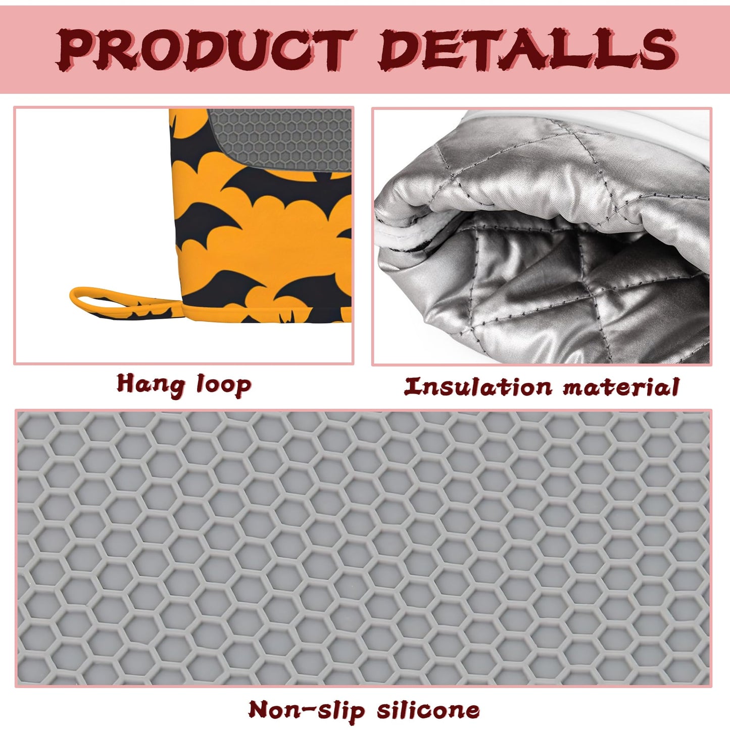 Halloween Bat Heat-Resistant Silicone Oven Mitts and Pot Holders 4 Piece Set,Extra Long Non-Slip Kitchen Oven Gloves for Cooking, Baking, BBQ,Grilling