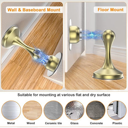 Crosize Magnetic Door Stoppers 6 Pack, Stainless Steel Door Stops for Wall and Floor Mounting, Gate Stops, No Drilling Metal Doorstops with Adhesive Tapes, Gold