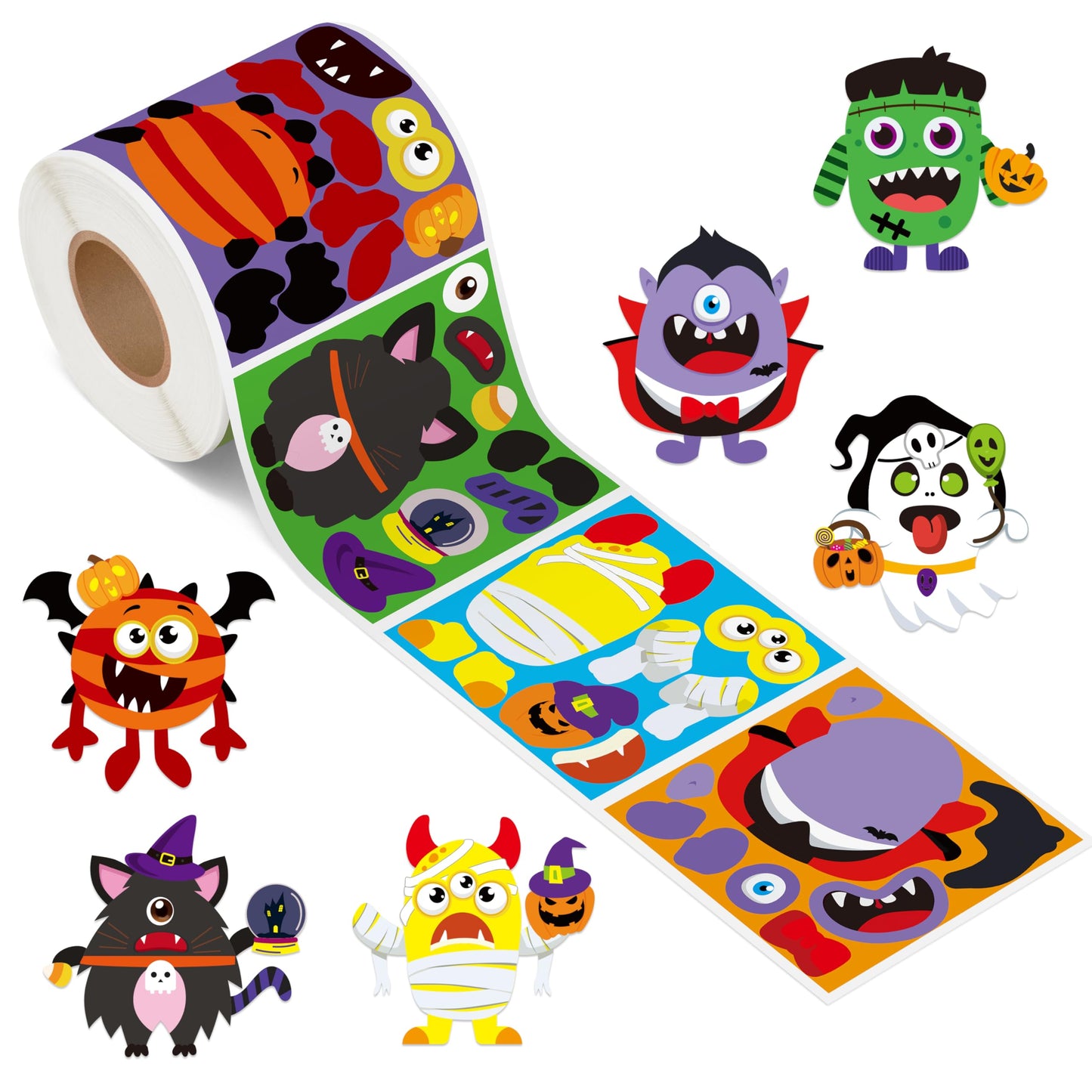 ANGOLIO 300Pcs Halloween Monster Stickers Scene Roll Make a Face Stickers Halloween Characters Self Adhesive Labels Ghost Black Cat DIY Craft Decals for Art Crafts Party Favor Decoration