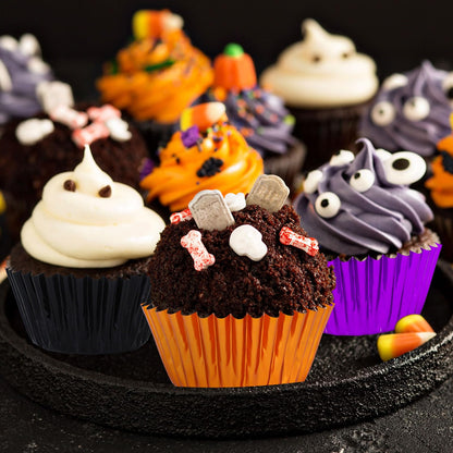 Whaline 450Pcs Halloween Foil Cupcake Liners Black Purple Orange Baking Cups Foil Metallic Cupcake Wrappers Muffin Liners for Holiday Party Supplies