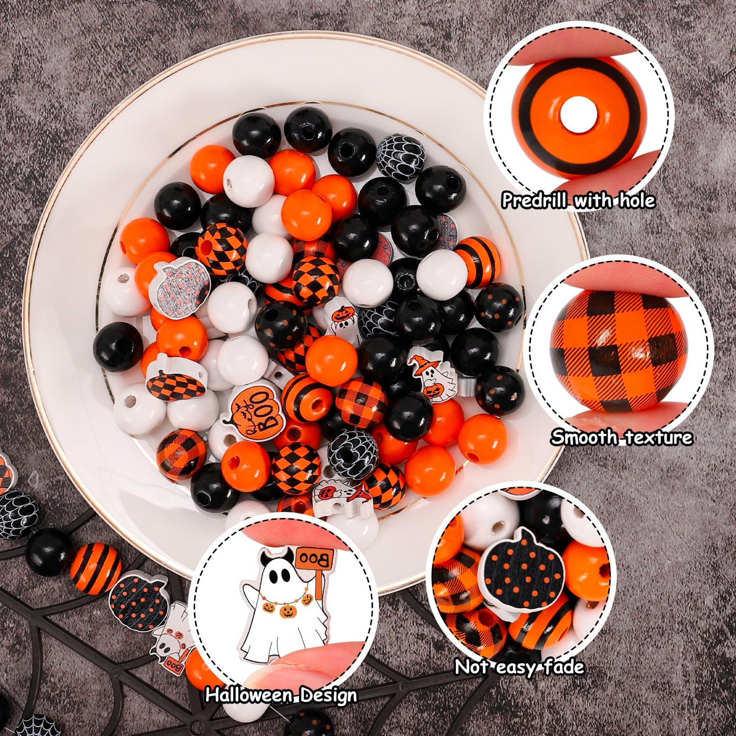 Whaline 210Pcs Halloween Wooden Beads Ghost Pumpkin Spider Web Craft Bead Black Orange Round Loose Beads for DIY Crafts Bracelet Necklace Making Supplies