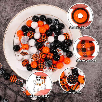 Whaline 210Pcs Halloween Wooden Beads Ghost Pumpkin Spider Web Craft Bead Black Orange Round Loose Beads for DIY Crafts Bracelet Necklace Making Supplies