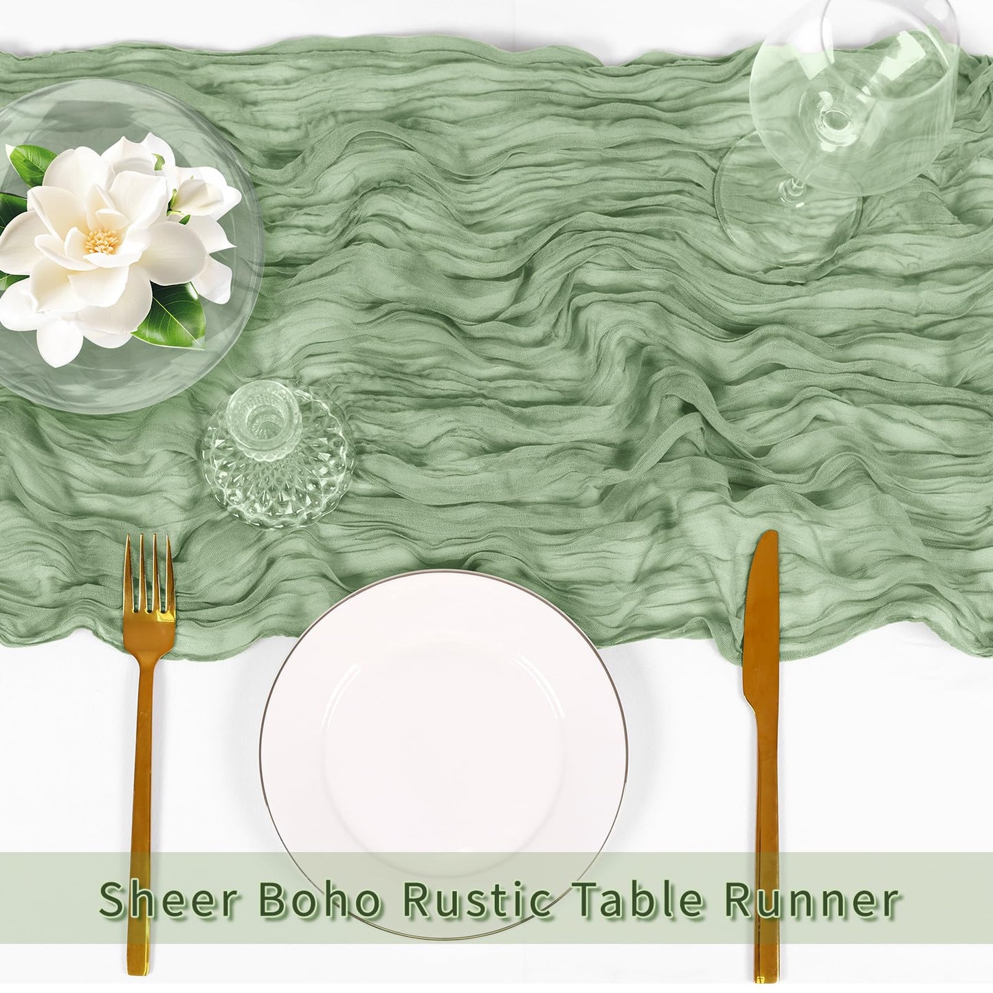 ACSUIT 3 Pack Sage Green Cheesecloth Table Runner, 17 x 108 inch, Semi Sheer Boho Cheese Cloth Fabric Table Runner Bulk for Wedding, Birthday, Party, Holiday, Home Decor (Sage Green)