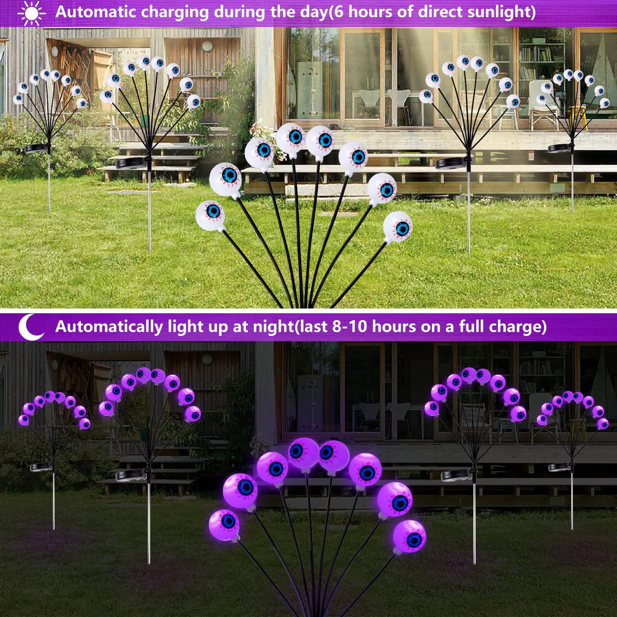 LCHUANG 4 Pack Halloween Decorations Outdoor Lights - 32LED Solar Scary Eyeball Pathway Lights Swaying by Wind, Waterproof Solar Halloween Stake Lights for Garden Porch Lawn Pathway (Purple)