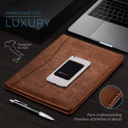 Nero Manetti - Leather Portfolio Folder - Business PU Leather Notepad Holder for Resumes, Legal Pad Executive Binder, Professional Padfolio Notebook for Women/Men (Brown)