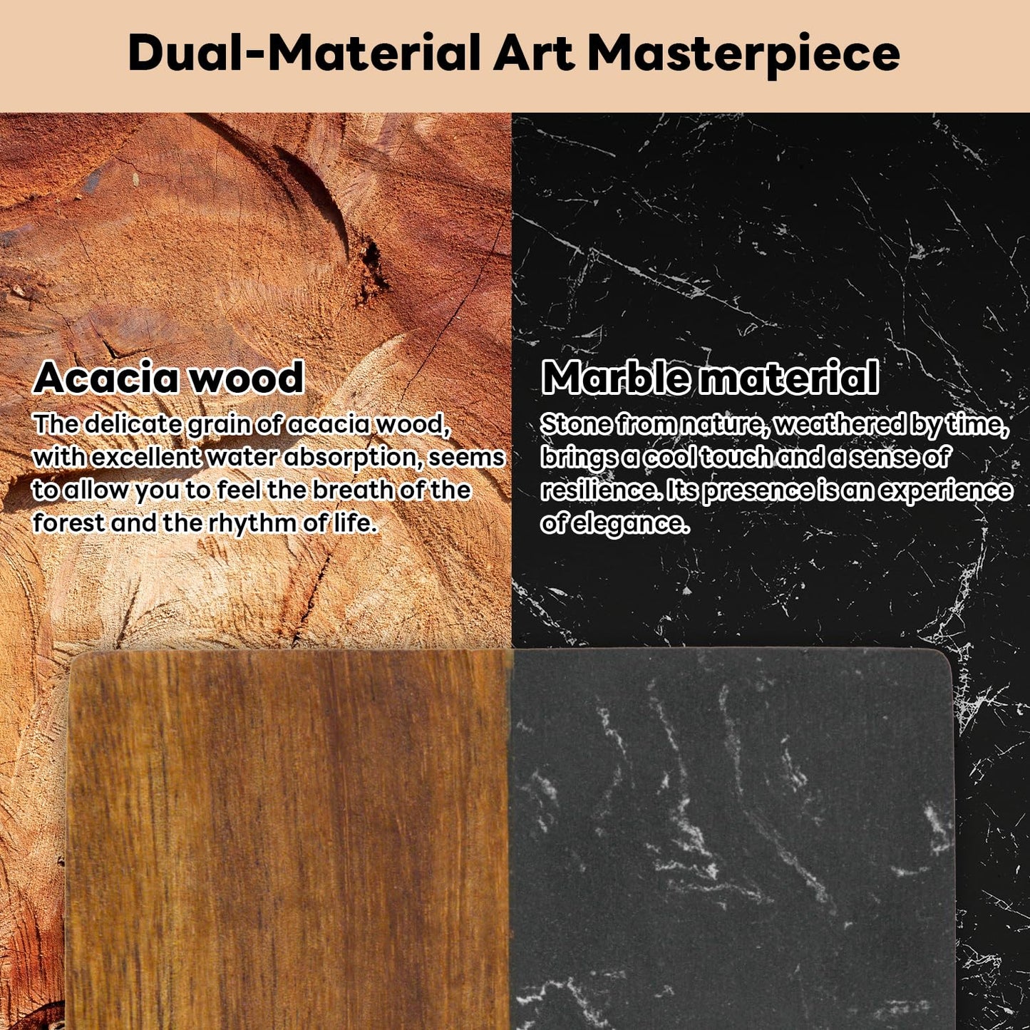 Marble Coasters: 4-Piece Set of Acacia Wood Marble Coasters, Suitable for Kitchens and Offices, can be Used as Gifts (Black Square)