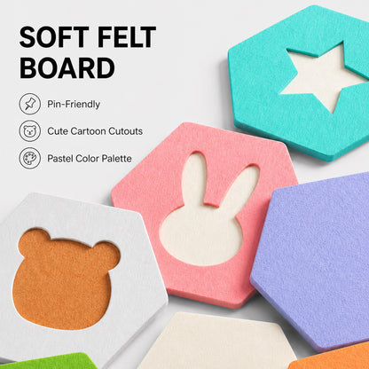 HBK 10 Pack Self Adhesive Felt Bulletin Board Tiles for Wall, 12 Inch Hexagon Pin Board Set with Cute Shapes and Push Pins, Photo Memo Board for Kids Room, Nursery, Classroom, Home Office Decor