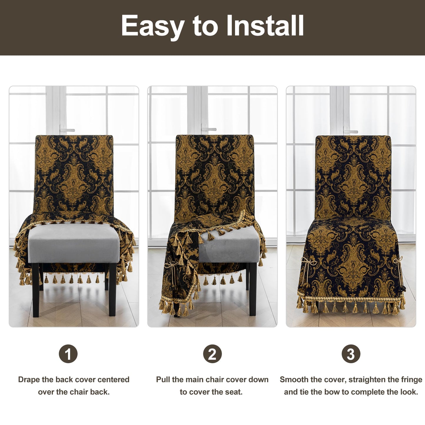 Loom and Mill 1 Piece Luxury Dining Chair Cover, Classic Damask Jacquard Dining Room Parsons Chair Covers with Tassels & Ties, Non Slip Full Cover Protector for Halloween Holiday Party Decor(Black)