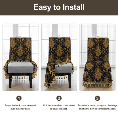 Loom and Mill 1 Piece Luxury Dining Chair Cover, Classic Damask Jacquard Dining Room Parsons Chair Covers with Tassels & Ties, Non Slip Full Cover Protector for Halloween Holiday Party Decor(Black)
