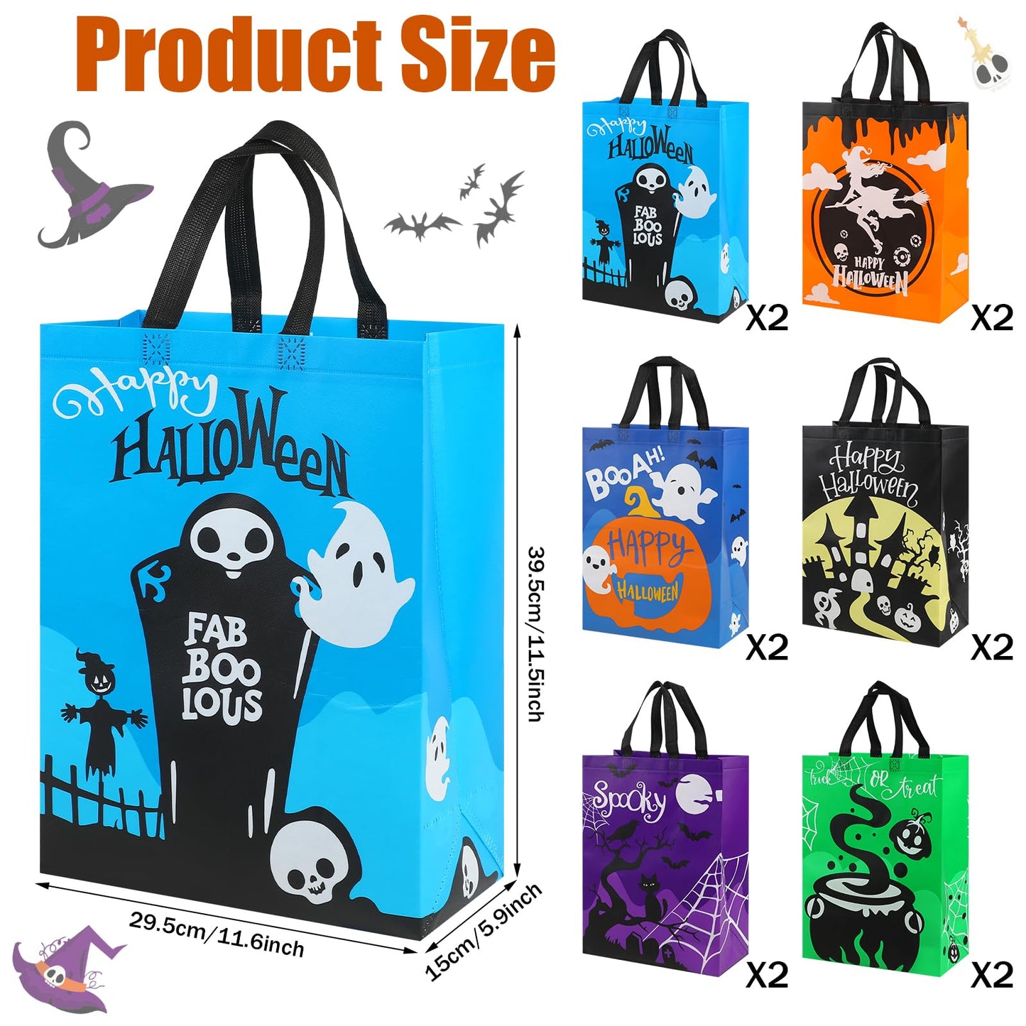 CCINEE 12PCS Halloween Non-Woven Bags with Handle，Large Size Reusable Halloween Trick or Treat Tote Bags for Party Favors Supplies，15.7"×11.8"×5.9"