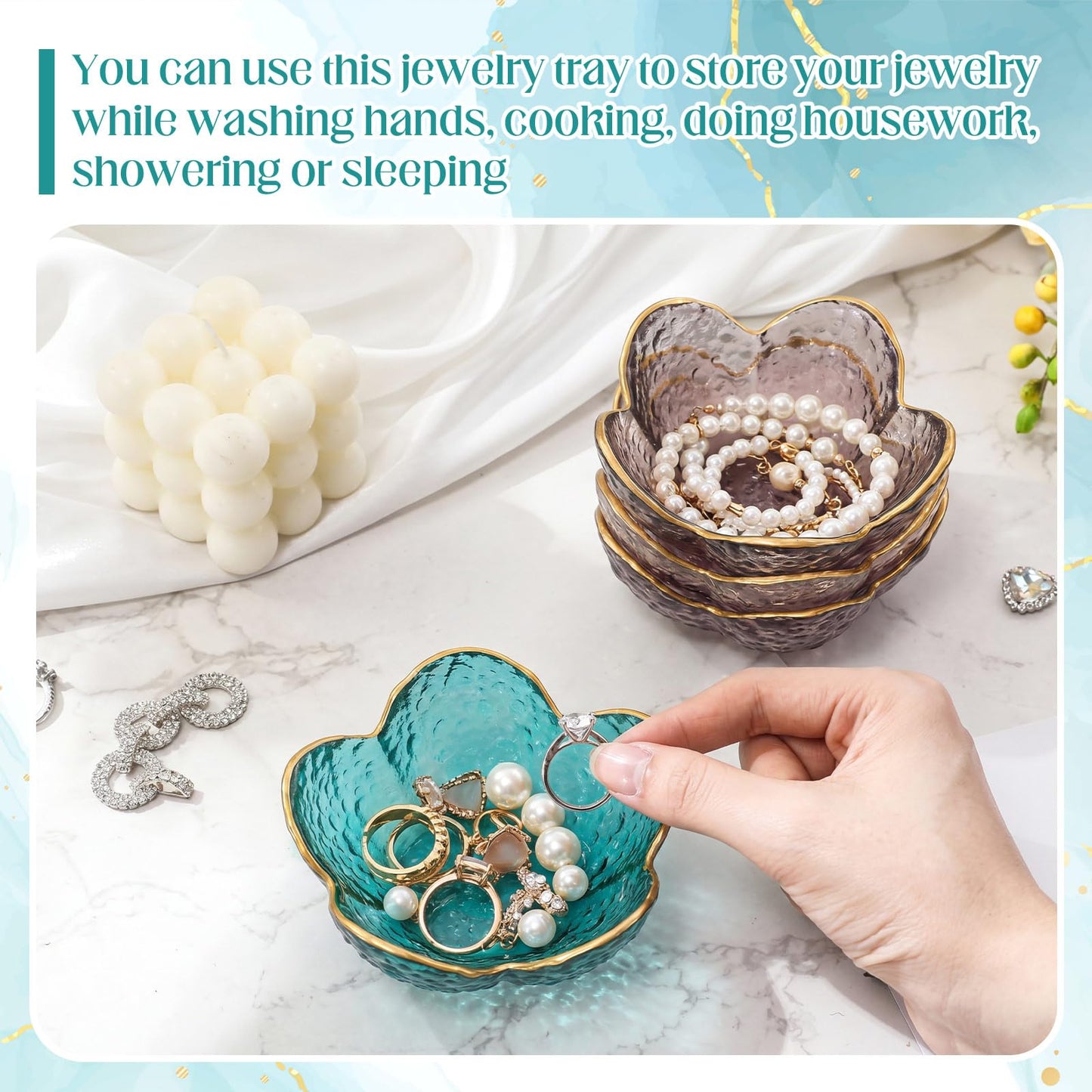 LOYIM 4 Pack Glass Jewelry Dish Small Flower Ring Holder Trinket Tray for Earrings Key Vanity Decor for Women Wedding Gift