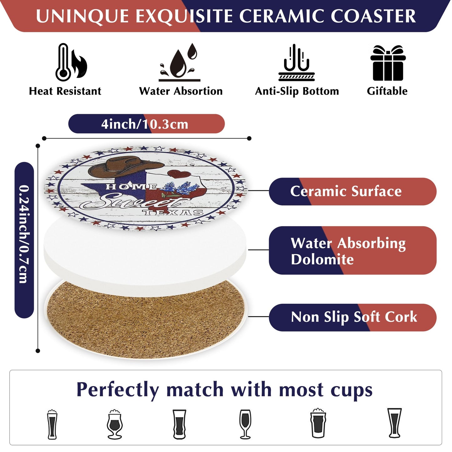 Texas Souvenirs Gifts for Men Women,Travel Souvenir Coaster Set of 6,Drink Absorbent Coasters with Holder, Coffee Table Decor Ceramic Stone Coaster for New Home, Apartment Kitchen Bar