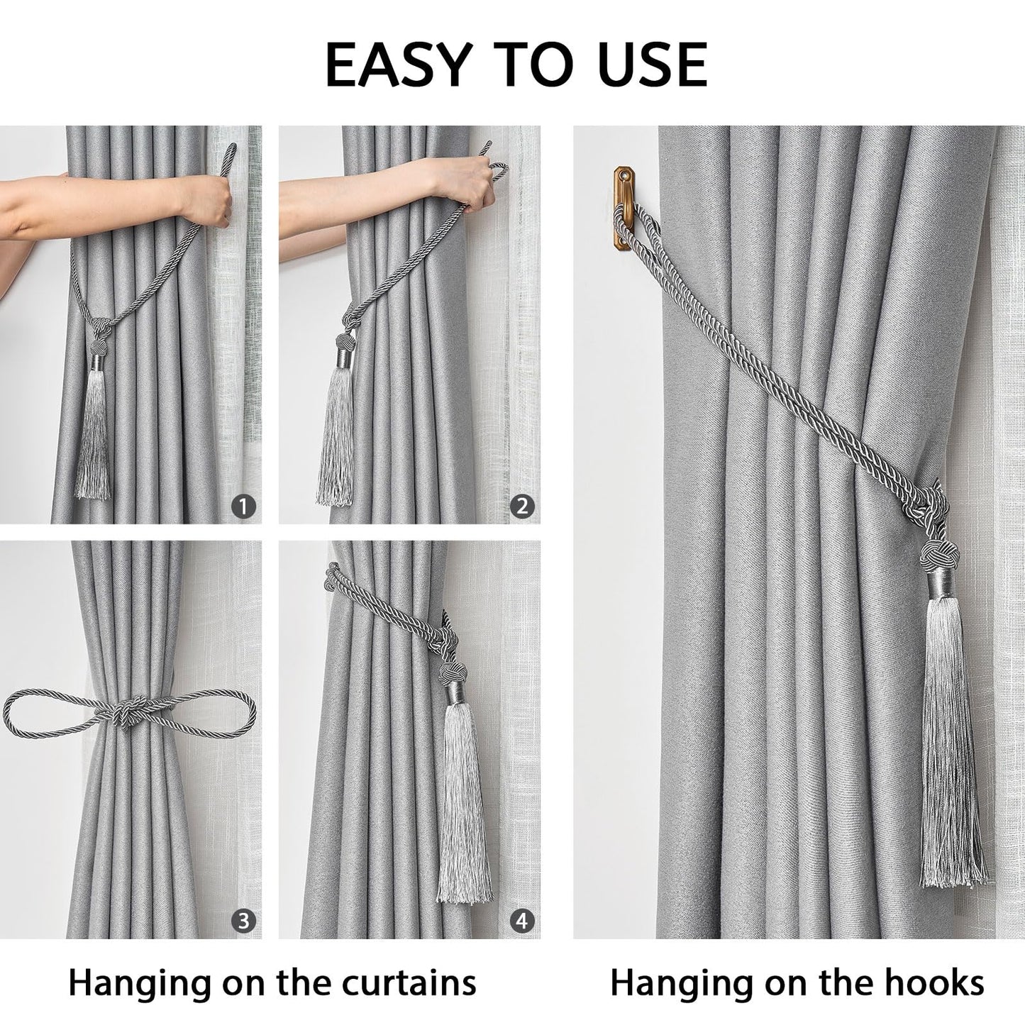 NICEEC 4 Pack Long Tassel Curtain Tiebacks Handmade Braided Rope Knot Drape Tie Backs European Style Decorative Curtain Holdbacks for Home & Office Window Drapery (Grey)