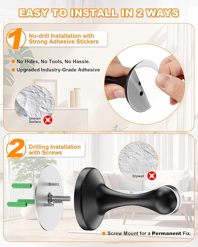 Crosize Magnetic Door Stoppers 6 Pack, Stainless Steel Door Stops for Wall and Floor Mounting, Door Holder Keep Door Open, No Drilling Door Stop with 3D Adhesive Tapes, Black