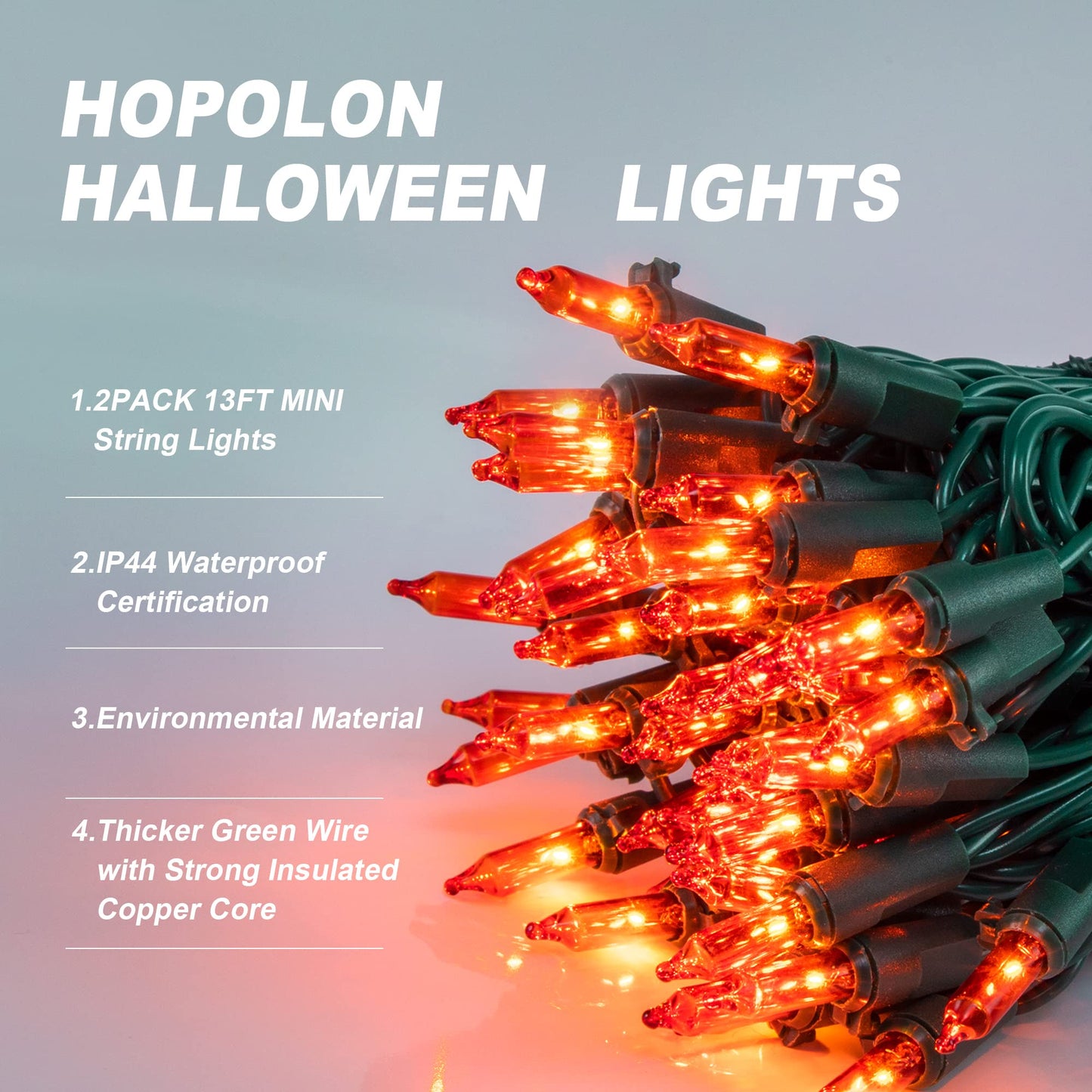 Hopolon Orange Halloween Lights, 2PACK 13ft 50 Orange Lights String,120V Fall String Light, Plug in Green Wire Fall Light Waterproof for Spooky Thanksgiving Party Decor(2pcs)