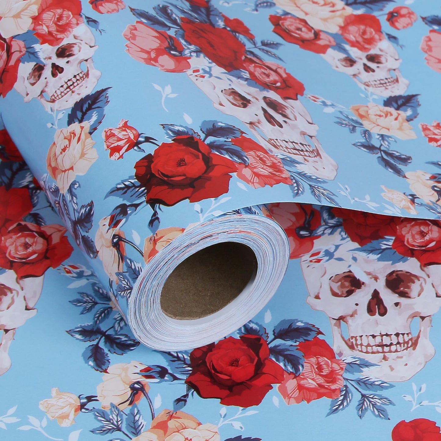 Aimyoo Blue Skull Floral Wrapping Paper Jumbo Roll 17 in x 60ft, Gothic Gift Wrap Paper for Halloween Wedding Bridal Shower