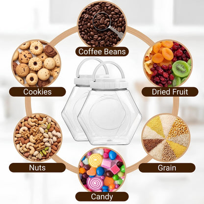 SOUJOY 2 Pack Plastic Candy Jar with Lid, 1 Gallon Cookie Containers for Kitchen Counter, Clear Hexagon Candy Display for Snacks, Dog Treats, Craft and Sewing Supplies, Coffee Pod, Laundry Pod