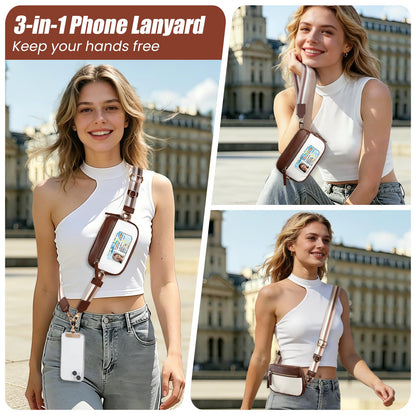 Poaivel Clip and Go Strap For Phone with Leather Wallet Crossbody, Adjustable Phone Lanyard with Slim Detachable RFID Wristlet Wallet and 2 Phone Wrist Strap, For Daily Life & Travel, Coffee Brown