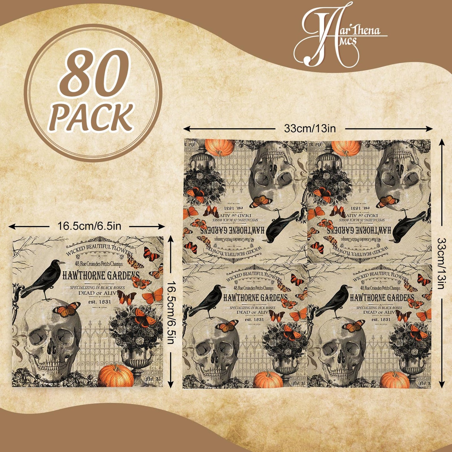 JarThenaAMCS 80Pcs Halloween Paper Napkin Vintage Skull Crow Luncheon Napkin Disposable Dessert Dinner Hand Napkin for Halloween Party Supplies