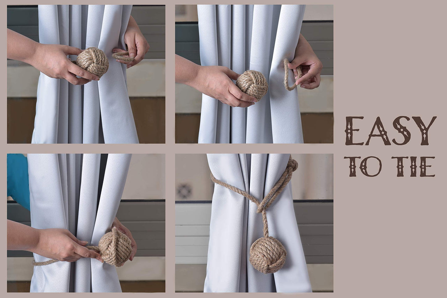 Beautiful Curtain Tiebacks, Natural Soft Jute Curtain Rope Pullback, Handmade Rustic Decorative Curtain Holdbacks, Hand Braided Modern Drapery Tiebacks (2 Pair)