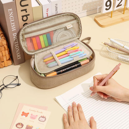 SUNEE Cute Pencil Case, Large Capacity Pencil Pouch, Soft Corduroy Pencil Bag, Big Storage Pen Organizer for Stationery, Aesthetic Zipper Pencil Box, Back to School Supplies for Teen Girls Boys, Khaki