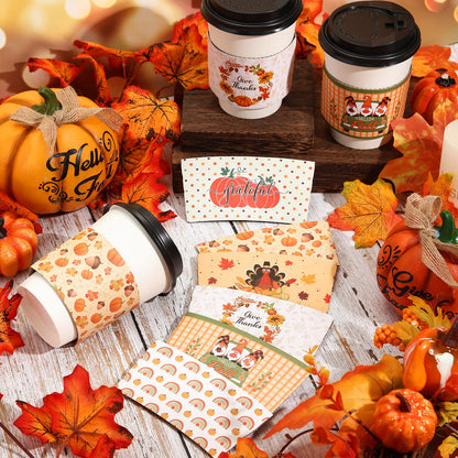 Patelai 36pcs Thanksgiving Coffee Cup Sleeves Double Layer Harvest Gnome Pumpkin Turkey Paper Sleeves Fit 12 and 16oz Disposable Paper Cup for Hot Chocolate Coffee or Cold Beverage