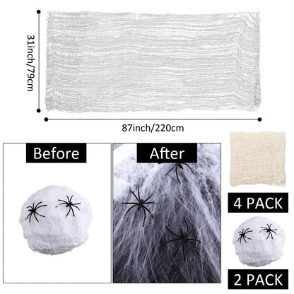 Tatuo 4 Pack Halloween Creepy Cloth 31 x 87 Inch with 2 Stretch Spider Web Spooky Scary Creepy Gauze Cloth for Halloween Party Supplies Home Wall Doorway Outdoor Yard Decor(White)