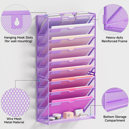 Lavatino Hanging Wall File Folders Organizer - 10-Tier Purple Metal Mesh Paper Magazine Document Mail Holder File Organizer for Office School Home Wall Mount or Desk Supplies Organization