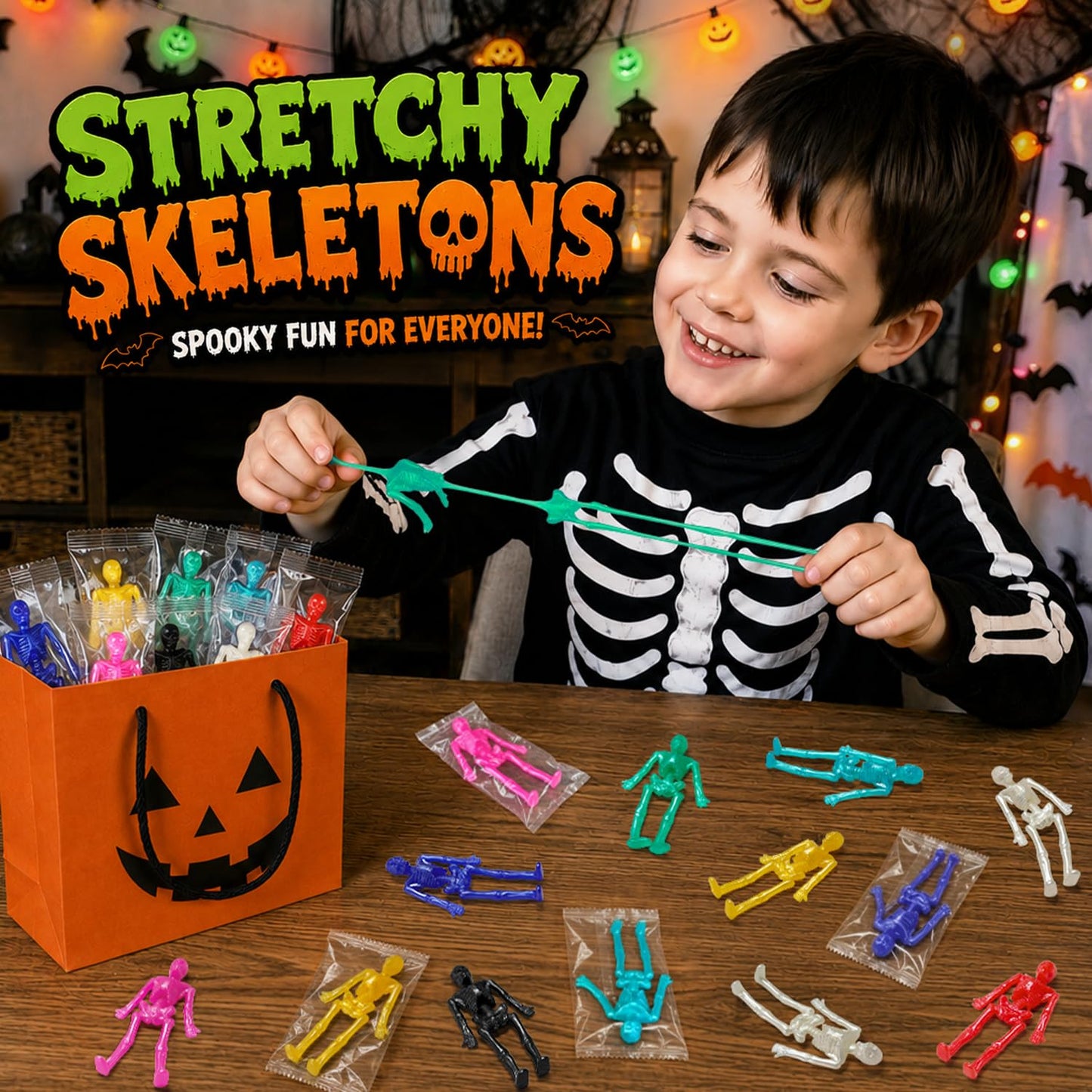 Halloween Party Favors Goodie Bag Boo Basket Stuffers Squishies for Kids, 36 PCS Halloween Stretchy Skeleton Decorations for Birthday Classroom Party,Non-Candy Treats Squishy Skull Toys for Boys Girls