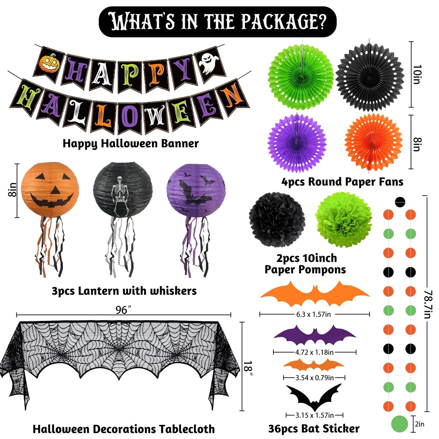 Trgowaul Happy Halloween Decorations Set, 48pcs Halloween Party Supplies, Banner, Paper Fans, Ppaper Lanterns, 3D Bat Sticker, Spider Cobweb Table Cover Fireplace Decor KIt