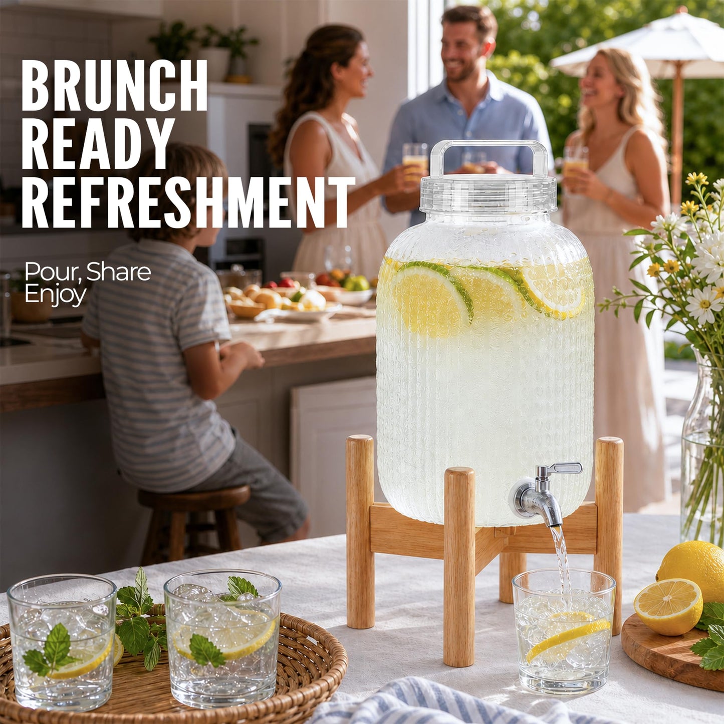EGGKITPO 2 Pack 1.5 Gallon Drink Dispensers for Parties Hosting Wedding Beverage Dispenser with Wood Stand and Spigot, BPA-Free Polycarbonate Lemonade Container for Halloween Home Buffet Iced Tea